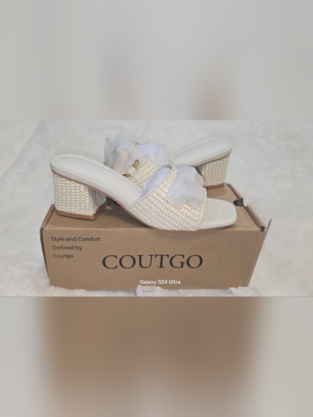 Coutgo Women Raffia Woven Block Heel Mules Gold Buckle Slide Sandals NIB Cream